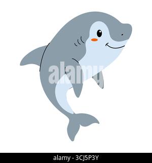 Ein Karikaturhai mit einem freundlichen Lächeln und einem orangen Wangenfleck schwimmt in einer Vektorillustration. Der Hai ist grau und weiß und seine Flossen sind sichtbar. Stock Vektor