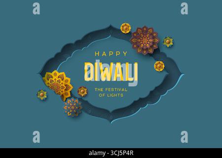 Diwali Festival Holiday Design im Papierschnitt Stil des indischen Rangoli Stock Vektor