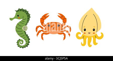 Eine Reihe von Karikaturen, die Meerestiere gezeigt werden. Es gibt ein grünes Seepferd, eine orangene Krabbe und einen gelben Tintenfisch mit lächelnden Gesichtern. Sie sind auf einem weißen B isoliert Stock Vektor