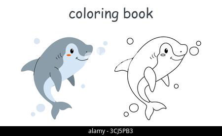 Happy Shark Malbuch für Kinder. Wilde Tiermalvorlagen für Kinder. Stock Vektor