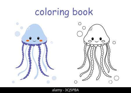 Nette Quallen Färbung Seite Vektor Illustration isoliert auf weiß. SEA LIFE Ausmalseite. Ausmalseiten für untergeordnete Elemente. Stock Vektor