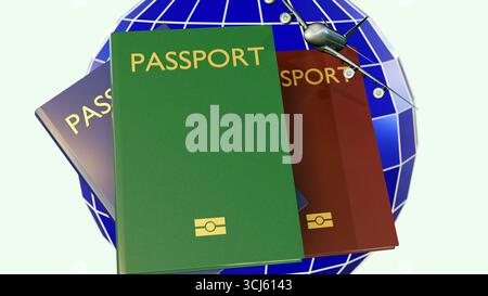 3D-Rendering von kleinen Passagierflugzeugen und verschiedenfarbigen Pässen, die einfache Objekte verwenden, um das Thema des internationalen Reisens zu vermitteln. Stockfoto