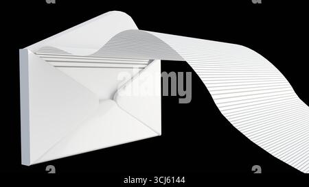 Ein 3D-Rendering von isolierten weißen Umschlägen und einem langen, fließenden Blatt Papier oder einer bandförmigen Form, die daraus hervorgeht. Stockfoto