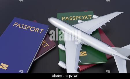 3D-Rendering von kleinen Passagierflugzeugen und verschiedenfarbigen Pässen, die einfache Objekte verwenden, um das Thema des internationalen Reisens zu vermitteln. Stockfoto