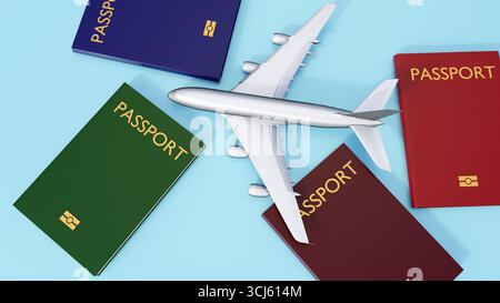 3D-Rendering von kleinen Passagierflugzeugen und verschiedenfarbigen Pässen, die einfache Objekte verwenden, um das Thema des internationalen Reisens zu vermitteln. Stockfoto