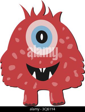 Skurriles, süßes rotes einäugiges Monster mit einem breiten Lächeln, Vektor-Illustration Stock Vektor