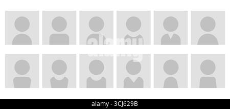 Avatar mit Graustufen-Benutzerprofilen in Quadraten, geschlechtsneutralen Silhouetten und Personensymbolen im flachen Cartoon-Stil. Ideal für Apps, Websites, UI d Stock Vektor