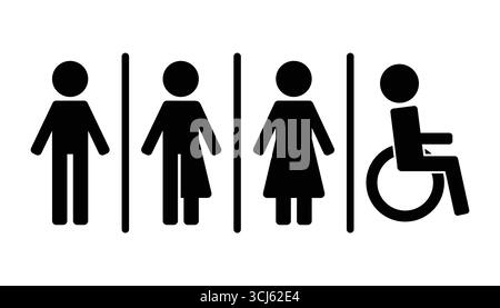 WC-Symbole mit Toilettenzeichen, Mann, Frau, geschlechtsneutral und behindertengerecht. Minimale flache Symbole für Toiletten, öffentliche Einrichtungen, Infotafeln Stock Vektor