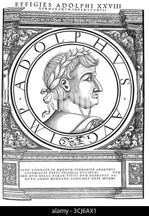 Adolf von Nassau (geboren vor 1250, gestorben am 2. Juli 1298) aus der walraamischen Linie des nassauischen Adelsgeschlechts war von 1292 bis zu seinem Tod römisch-deutscher König. Authentische, digital restaurierte Reproduktion eines Originals aus dem 19. Jahrhundert. Das Datensatzdatum wurde nicht angegeben. Stockfoto