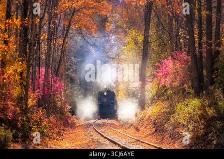 No 97 Lokomotive Fall - Blick auf die fahrende Dampfeisenbahn, umgeben von den warmen Farben des Herbstes in Neuengland Stockfoto