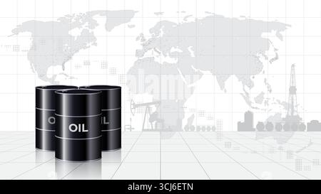 Diagramm der sinkenden Ölpreise pro Barrel. Rohölfässer auf Kartenhintergrund. Analyse des Rückgangs der globalen Energiemärkte. Einfluss wirtschaftlicher Insider Stock Vektor