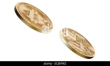 Abgewinkelte Ansicht von zwei glänzenden goldenen Bitcoin-Münzen auf weißem Hintergrund, die Kryptowährungstransaktionen, Blockchain-Technologie und Moderne symbolisieren Stockfoto