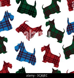 Nahtloses Muster des schottischen Terriers auf kariertem Hintergrund. Vektorabbildung. Robert brennt Nacht Stock Vektor