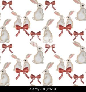 Nahtloses Häschen-Muster in Wasserfarben. Graue Häschen mit rosa Schleifen auf weißem Hintergrund. Perfekt für Babyduschen, Kinderzimmer-Dekor oder Osterprojekte Stockfoto