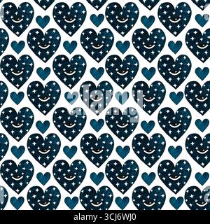 Nahtloses Herzmuster in Aquarellblau. Süße Herzen mit Augen auf weißem Hintergrund. Perfekt für Valentinstag-Designs, Babyprojekte oder verspielten Rücken Stockfoto