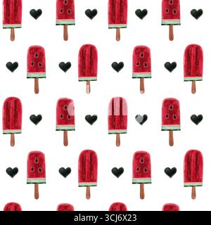 Nahtloses Muster mit Wassermelone am Eis. Eis und grüne Herzen auf weißem Hintergrund. Perfekt für Sommermotive, süße Illustrationen oder p Stockfoto