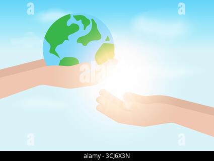 Hand halten World in Concept Energiesparen. Rettet die Welt. Umwelttag-Konzept. Vektorabbildung. Stock Vektor