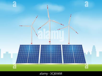 Windkraftanlage mit Sonnenkollektor. Grüne Stadt. Alternative saubere und grüne Energie. Umweltfreundliches Konzept. Vektorabbildung. Stock Vektor