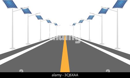 Solar Power Energy Lamp Post on the Road. Solarmodul Straßenlaterne. Lampenpfosten mit Sonnenkollektor. Vektorabbildung. Stock Vektor