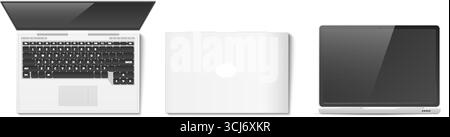 Realistisches Notebook-Modell vorne und von oben. Offene und geschlossene Position. Computertastatur und PC-Bildschirm. Elektrische Betriebsmittel. Moderne Geräteanzeige. Ga Stock Vektor