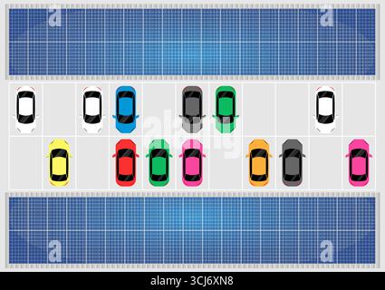 Parkplatz mit Sonnendach und Elektroauto von oben. Über dem Parkplatz installierte Solarpaneele. Vektorabbildung. Stock Vektor