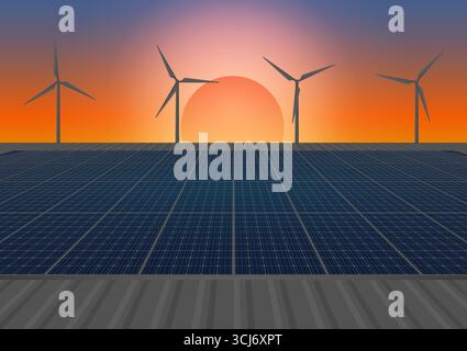 Solarzelle. Sonnenkollektor auf Dach mit Windturbine. Erneuerbare Energiequellen. Saubere und grüne Energie. Stock Vektor