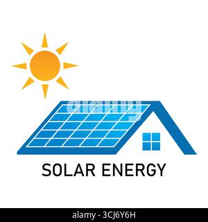 Solarmodul auf Dachlogo. Solar Energy Logo. Sonnenkollektor auf dem Dach zu Hause. Vektorillustration isoliert auf weißem Hintergrund. Stock Vektor