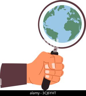 Hand mit Lupe untersucht den Globus. Globale Navigation. Ökologie und Naturforschung. Durch Lupe schauen. Wissenschaftliche Forschung zum Erdenviro Stock Vektor
