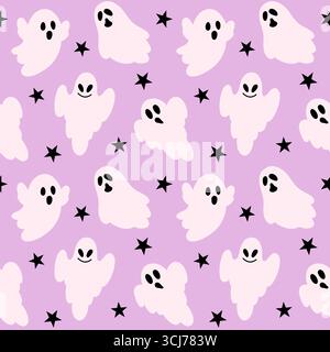 Niedliches nahtloses Muster mit Geistern und schwarzen Sternen auf lila Hintergrund. Stock Vektor
