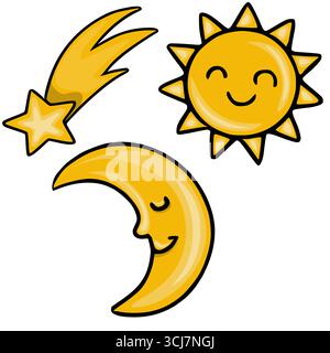 Entzückende Vektor-Illustration einer lächelnden Sonne, eines Halbmondes und eines Sterns, gerendert in einem fröhlichen gelben Farbschema mit schwarzen Umrissen, ideal Stock Vektor