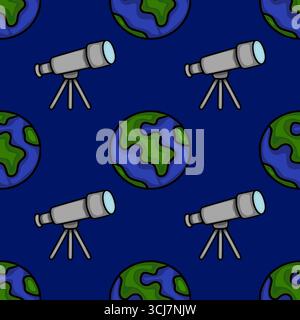 Nahtloses Vektormuster mit stilisierten Erdkugeln und Teleskopen vor tiefblauem Hintergrund, ideal für Raumfahrtmotive. Stock Vektor