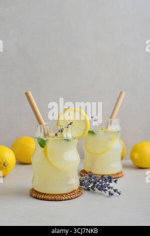 Zwei Gläser hausgemachte Lavendellimonade mit Trinkhalmen, frischen Zitronen und Minze auf hellem Hintergrund Stockfoto