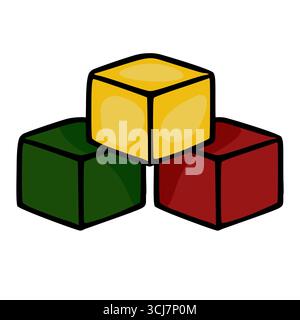 Eine verspielte Vektor-Illustration von drei bunten Würfeln, gestapelt in einem dreieckigen Arrangement, mit auffälligen Umrissen und einem handgezeichneten Stil, perfekt für den Einsatz Stock Vektor