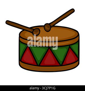 Eine bezaubernde Vektor-Illustration einer Kinderspielzeugtrommel mit roten und grünen Dreiecksmustern, komplett mit zwei braunen Drumsticks, ideal für festliche Desi Stock Vektor