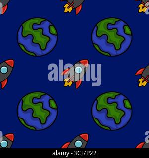 Nahtloses Vektormuster mit stilisierten Raketen und Planeten auf dunkelblauem Hintergrund, das ein verspieltes und dennoch raffiniertes Raumfahrtthema schafft Stock Vektor