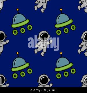 Nahtloses Vektormuster mit verspielten Cartoon-Astronauten und UFOs auf tiefblauem Hintergrund, perfekt für Textil- oder Weltraummotive für Kinder. Stock Vektor
