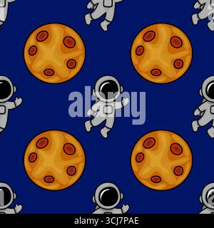 Nahtloses Vektormuster mit verspielten Cartoon-Astronauten, die in der Nähe von stilisierten orangen Planeten vor einem tiefblauen Hintergrund winken, ideal für Kinder Stock Vektor