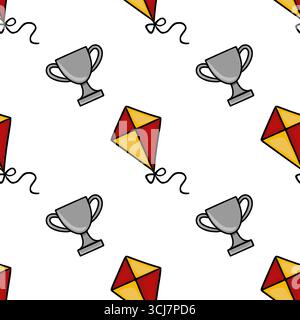 Nahtloses Vektormuster mit verspielten Illustrationen von Trophäen und Drachen in leuchtendem Rot und Gold, ideal für Kinderprodukte oder feierliche des Stock Vektor