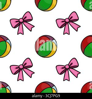 Nahtloses Vektormuster mit verspielten bunten Kugeln und rosa Schleifen auf weißem Hintergrund, ideal für Kinderprodukte oder festliche Designs. Stock Vektor