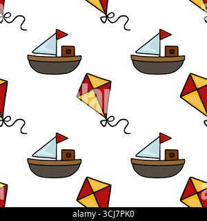 Nahtloses Vektormuster mit bezaubernden handgezeichneten Illustrationen von einfachen Booten und Drachen, die ein verspieltes und skurriles nautisches Design schaffen Stock Vektor