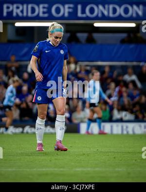 London, Großbritannien. September 2025. London, England, 5. September 2025: Ellie Carpenter (2. Chelsea) während des Womens Super League-Spiels zwischen Chelsea und Manchester City an der Stamford Bridge in London. (Foto: Pedro Porru/Sports Press Photo/SPP) Credit: SPP Sport Press Photo. /Alamy Live News Stockfoto