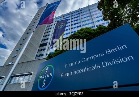 Nahaufnahme des Bayer AG Pharmaceuticals Campus in Berlin Wedding District mit Firmenflaggen und modernem Büroturm. Stockfoto