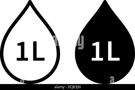 Symbole für Wasserkapazität eingestellt. Symbol für Flüssigkeitsvolumen 1 Liter. Wassertropfensymbol. Flüssigkeitsvolumen. L-Zeichen. Waage für Flüssigkeit oder Zutat. Vektorabbildung Stock Vektor