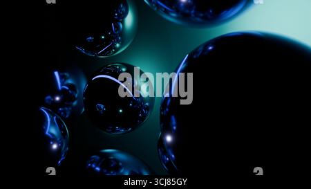Dunkler abstrakter Hintergrund mit reflektierendem Petrol und schwarzen Kugeln, die wie Ornamente leuchten, ideal für festliche digitale Projekte und moderne Weihnachtsgrüße Stockfoto