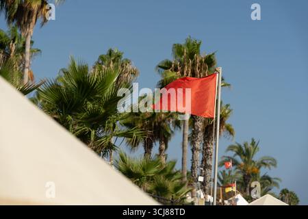 Eine leuchtend rote Warnflagge fliegt auf einem Metallmast vor einem Hintergrund von üppigen Palmen und einem teilweise sichtbaren Sandstrand. Hochwertige Fotos Stockfoto