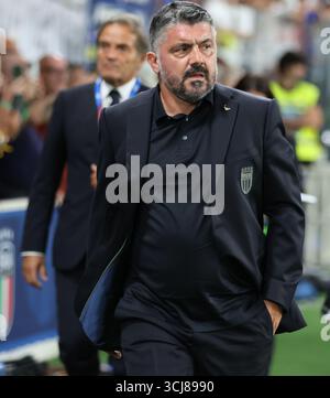 Bergamo, Italien, USA. September 2025. Bergamo (italien), 05/2025 - WM-Qualifikation/europa/italien/estland - Trainer gennaro gattuso während des Spiels zwischen der italienischen Nationalmannschaft und der estnischen Nationalmannschaft, gültig für die 5. Runde der Gruppe i der Qualifikation zur Weltmeisterschaft 2026, im gewiss-Stadion in bergamo am Abend des freitag, den 5. september 2025. (Kreditbild: © Edson de Souza/TheNEWS2 via ZUMA Press Wire) NUR REDAKTIONELLE VERWENDUNG! Nicht für kommerzielle ZWECKE! Quelle: ZUMA Press, Inc./Alamy Live News Stockfoto