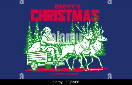 Frohe Weihnachten Lieblingslehrer Wertschätzung Geschenk. Retro-Illustration des Weihnachtsmanns im Schlitten mit zwei Rentieren für T-Shirt-Druck, Karte. Blauer Hintergrund V Stock Vektor
