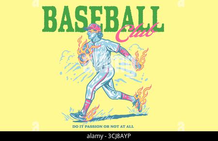 Baseball Club. Vintage-Kunstwerk eines flammenden Baseballspielers für T-Shirt-Druck, Poster, Aufkleber. Vektorgrafik der Sportliga im Retro-Look. Stock Vektor