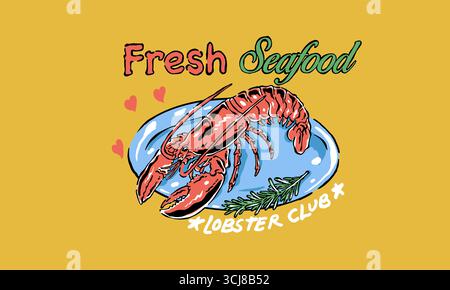 Retro-Kunstwerk eines frischen Hummer auf einem Teller. Vintage Fresh Seafood Lobster Club Illustration für Restaurant T-Shirt Print Stock Vektor