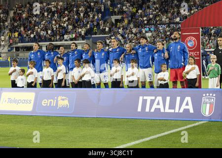 5. September 2025; Gewiss-Stadion, Bergamo, Italien, Qualifikation zur FIFA-Weltmeisterschaft, Gruppe I, Italien gegen Estland; die Startaufstellung Italiens Stockfoto
